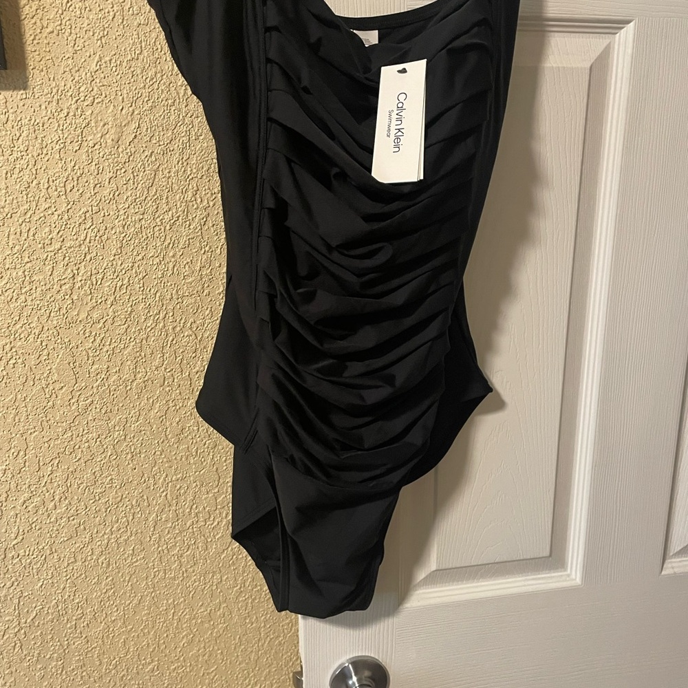 New Calvin Klein Black Ribbed One-Piece Swimsuit reg price $80 sz 18 - Picture 3 of 8